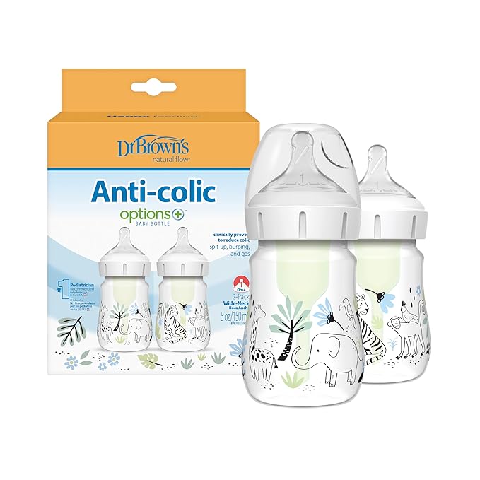 Dr. Brown’s Natural Flow® Anti-Colic Options+™ Wide-Neck Baby Bottle Designer Edition Bottles, Jungle Decos, 5 oz/150 mL, Level 1 Nipple, 2-Pack, 0m+
