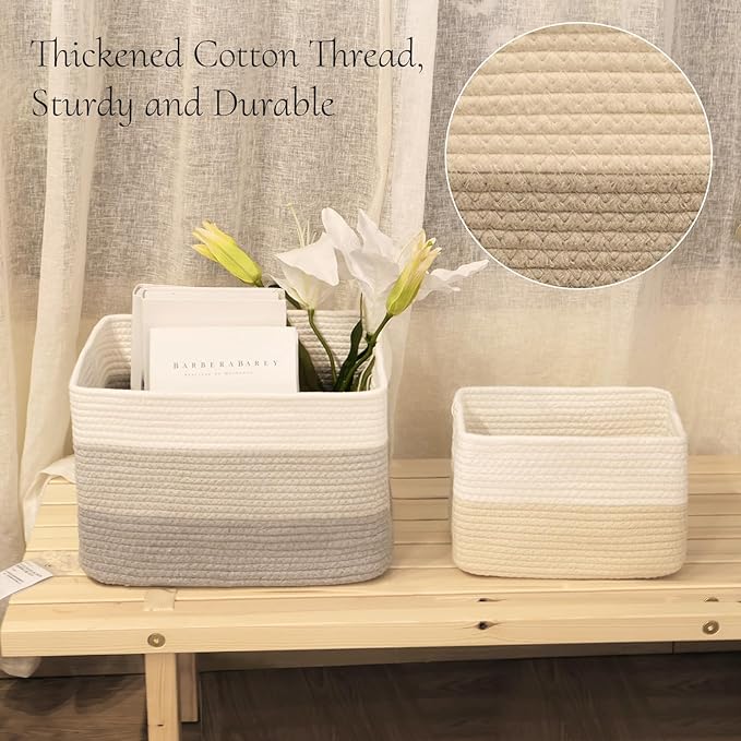 Hopegiver 3 Pack Storage Baskets for Organizing with Handle, Woven Baskets for Shelves - Durable Gift Basket for Cloth Toy Baby, Cotton Rope Basket for Dog Cat, 15x11x10 Inch(White&Light-Gray&Gray)