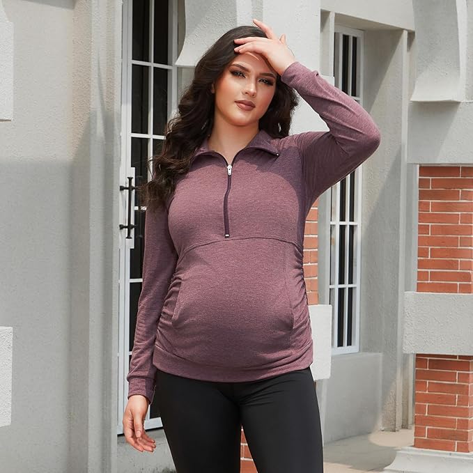 GINKANA Maternity Women's Long Sleeve Shirt Half Zipper Lapel Lightweight Casual Maternity Pullover with Pockets