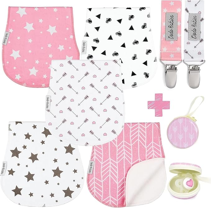 Dodo Babies 5-Pack Baby Burp Cloths - Soft & Absorbent Baby Spitup Cloths - Contoured Shape for Infant Essentials - Includes Pacifier Clips & Pacifier Case - 19 x 9 in, 2 Clips & Case, Pink/White/Grey