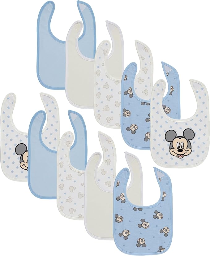 Disney 10-Pack Mickey Mouse Baby Bibs – Ten Soft, Absorbent, and Adjustable Cotton Bibs for Mess Free Meals