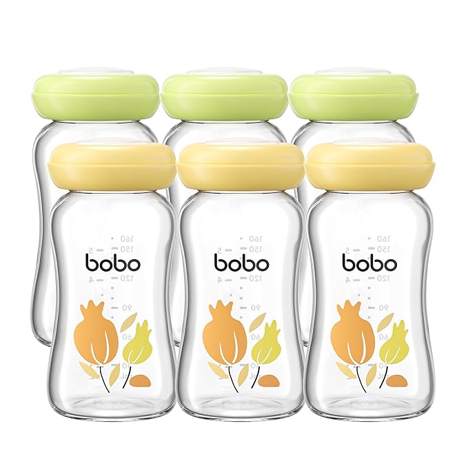 YOHKOH Glass Breast Milk Storage Bottles - 100% Leak-Proof, BPA-Free Breastmilk Storage Containers, Freezer & Dishwasher Safe, Ideal for Nursing Mothers (Multicolor1, 5.4oz (Pack of 6))