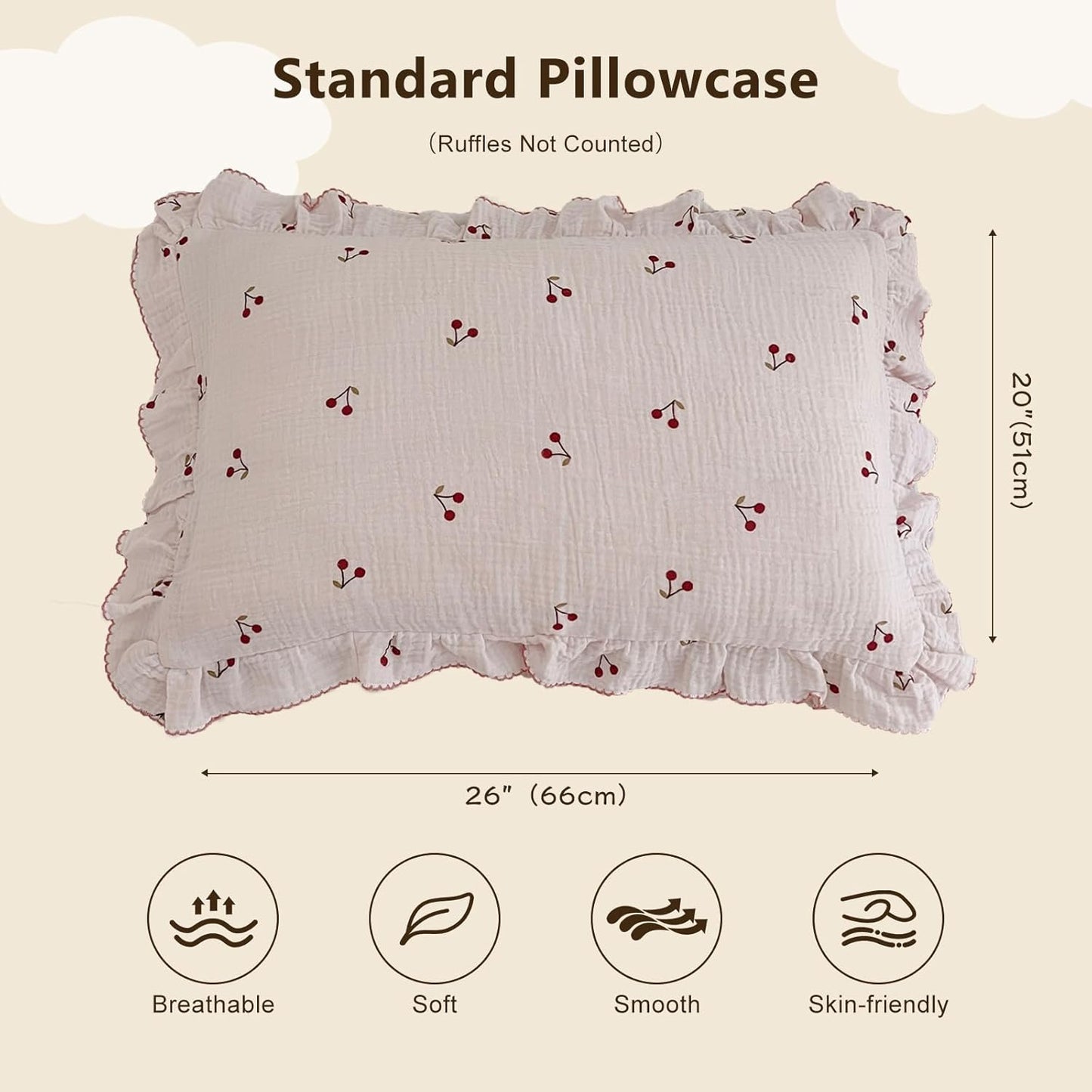 BuLuTu Cotton Muslin Ruffle Edge Kids Toddler Pillowcase Standard,Cherry Pattern Soft Travel Pillow Nursery Pillowcase for Boys,Girls,Bedding Decor Machine Washable, Durable Pillowcase 1 Piece