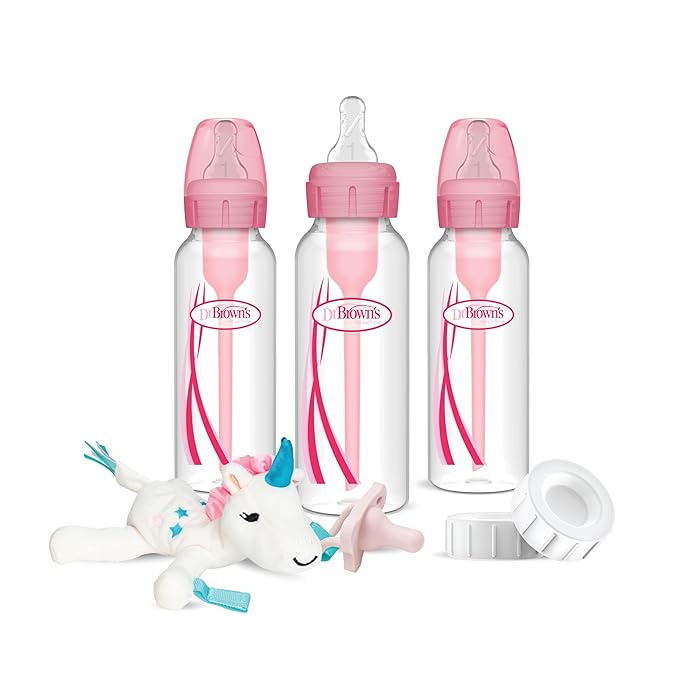 Dr. Brown’s Natural Flow Anti-Colic Options+Narrow 8oz/250mL Baby Bottle + Lovey Gift Set with Level 1 Slow Flow Nipples, Pink