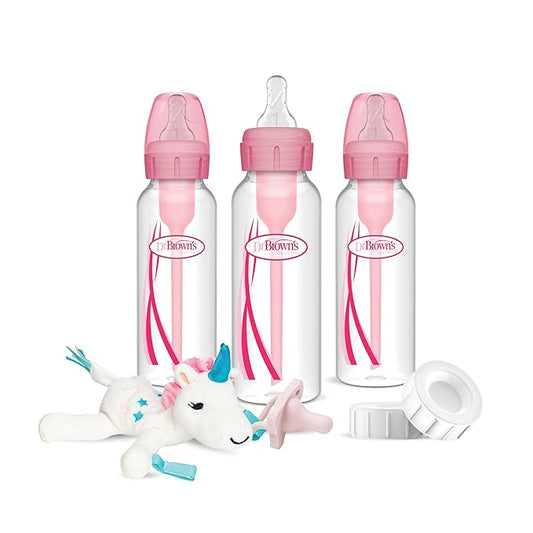 Dr. Brown’s Natural Flow Anti-Colic Options+Narrow 8oz/250mL Baby Bottle + Lovey Gift Set with Level 1 Slow Flow Nipples, Pink