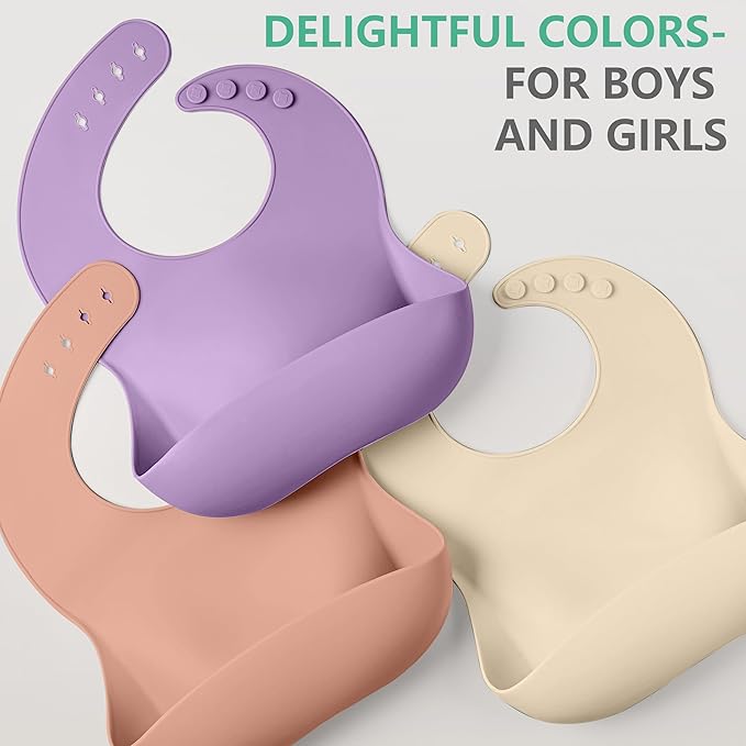 Cuddle Campus Set of 3 Silicone Bibs for Babies & Toddlers,Soft Adjustable Bibs with Pocket Food Catcher for Baby Girl,Boy