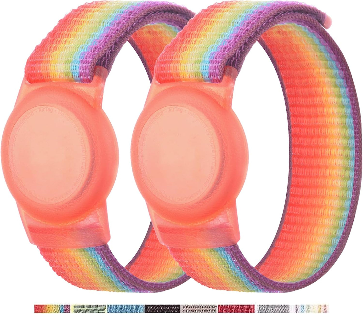 2 Pack AirTag Bracelet for Kids, Apple Air Tag Protective Cover with Nylon Wristband, Anti Lost GPS Trackers Case Cover Elastic Watch Band for Toddlers Girls Boys Elders (Rainbow)