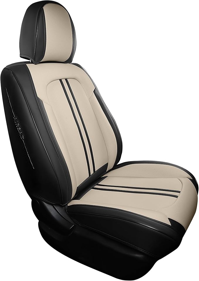 FREESOO Front Seats 2PCS Leather Car Seat Covers, Ultra Breathable Waterproof Seat Covers for Cars Trucks SUV, Carseat Protector Car Seat Cover Fit for Most Vehicles, Black Beige
