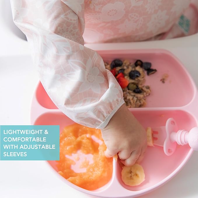 Bumkins Sleeved Bib for Girl or Boy, Baby and Toddler for 6-24 Mos, Essential Must Have for Eating, Feeding, Baby Led Weaning Supplies, Long Sleeve Mess Saving Food Catcher, Soft Fabric, Lace Pink