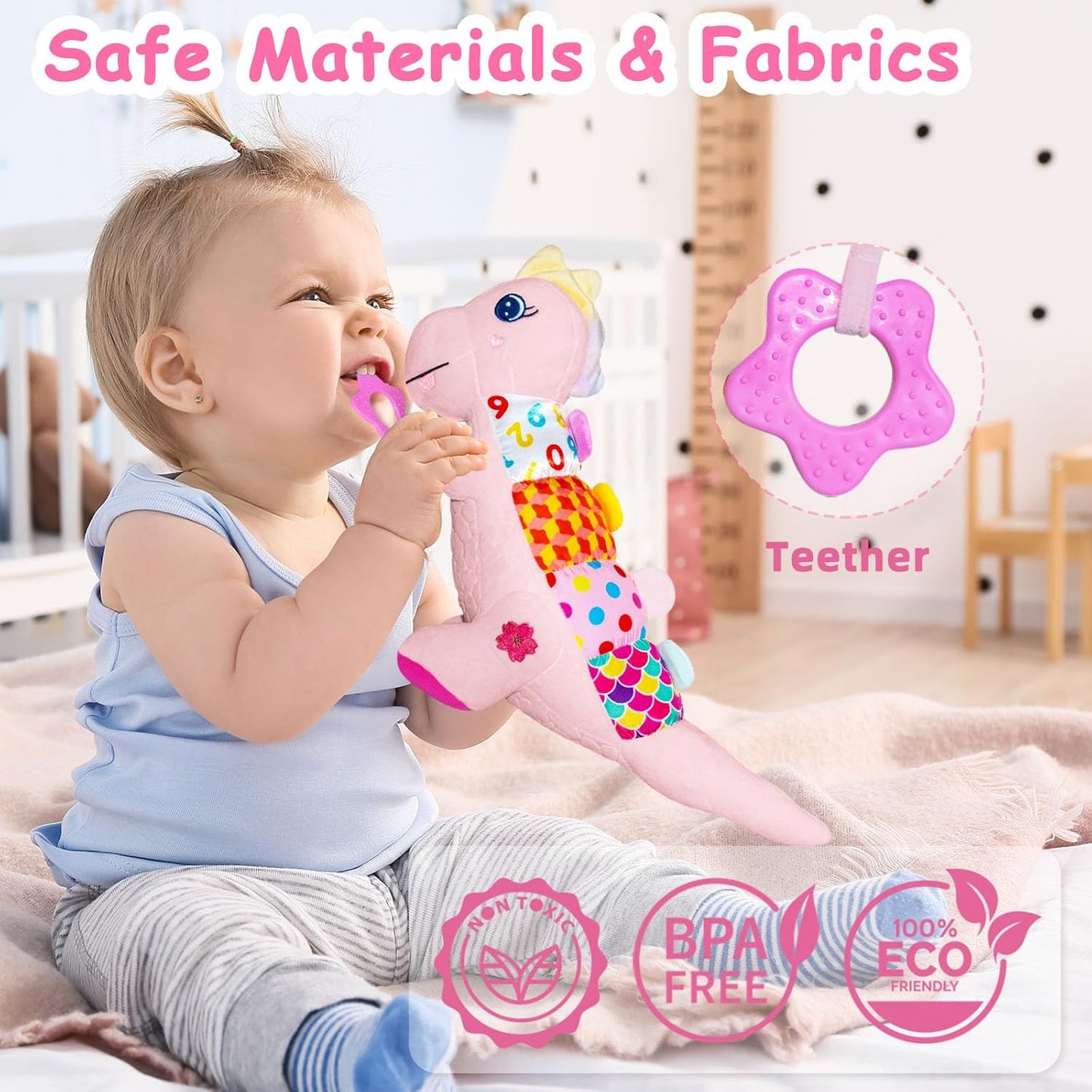 Baby Dino Plush Soft Stuffed Animal Toy for 0-3-6-12+ Months,Infant Musical Toy with Rattle,Squeaker,Sensory Crinkle,Teether & Textures,Tummy Time Toys Christmas Baby Gift for Newborn Girl(Pink)