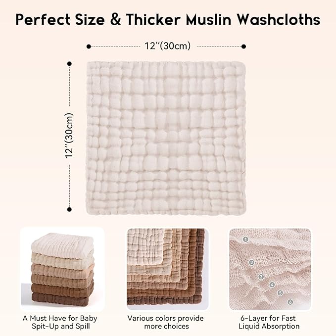 Muslin Baby Washcloths 6 Pack, 100% Cotton Wash Cloths for Babies, Large 12''X12'' Burp Cloths Absorbent and Soft for Newborn Infants Kids Boys Girls - Gradient Brown
