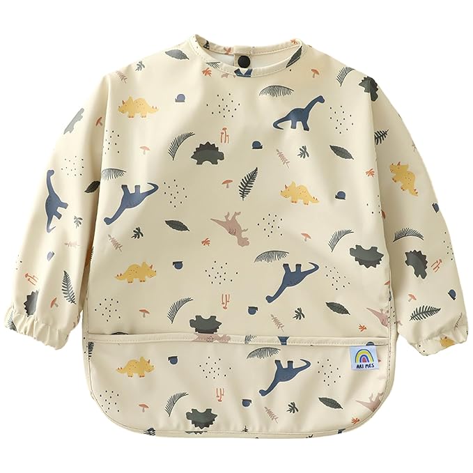 ARI MES Long Sleeves Waterproof Baby Bibs for Eating - Dinosaur, Small - Wearable, Coverall for Toddler, Long Sleeve Bib, Smock Apron for Feeding - Applicable for 6-72 Months