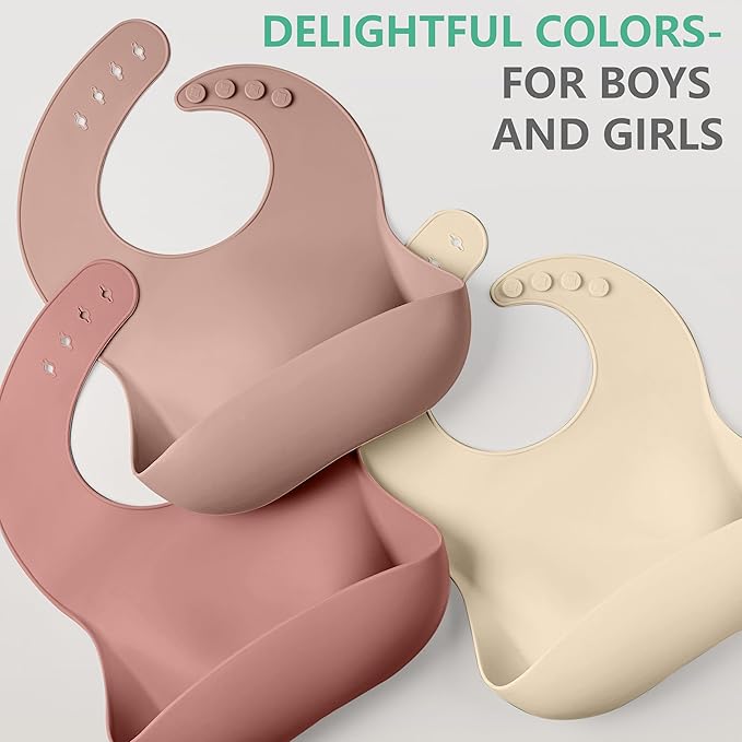 Cuddle Campus Set of 3 Silicone Bibs for Babies & Toddlers,Soft Adjustable Bibs with Pocket Food Catcher for Baby Girl,Boy