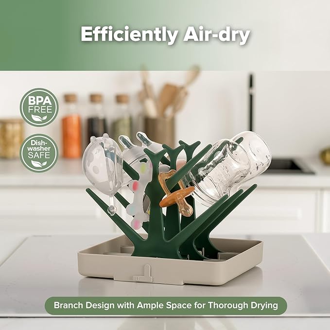 haakaa Baby Bottle Drying Rack, Space Saving Bottle Drying Tree for Bottles/Pump Parts/Pacifiers and Other Baby Essentials, Easy-Store Dryer Rack Great for Home & Travel, BPA Free (Forest Green)