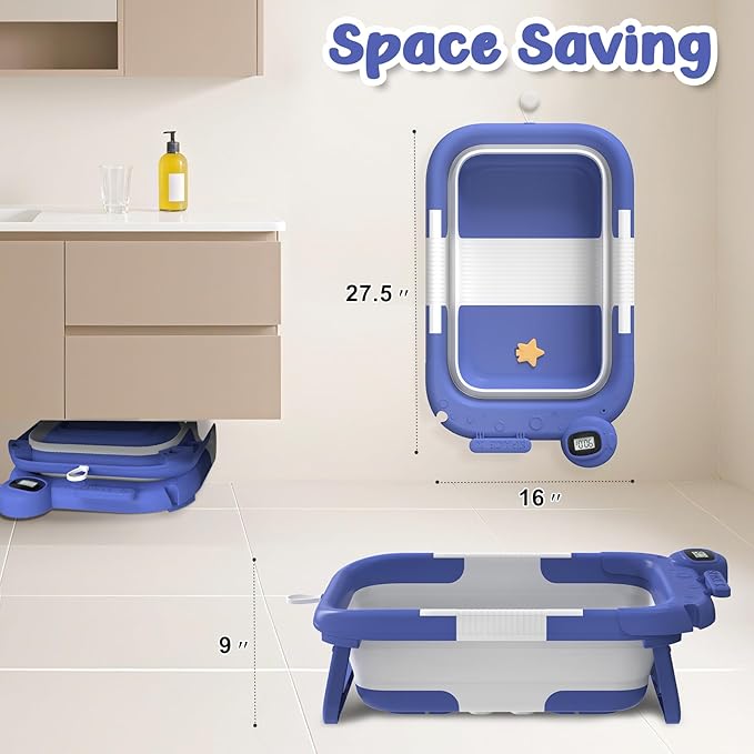 Collapsible Baby Bathtub for Newborn to Toddler (0-24 Months), Portable Baby Bath Tub for Travel, Newborn Bathtub with Soft and Supportive Cushion (Astronaut-Blue)