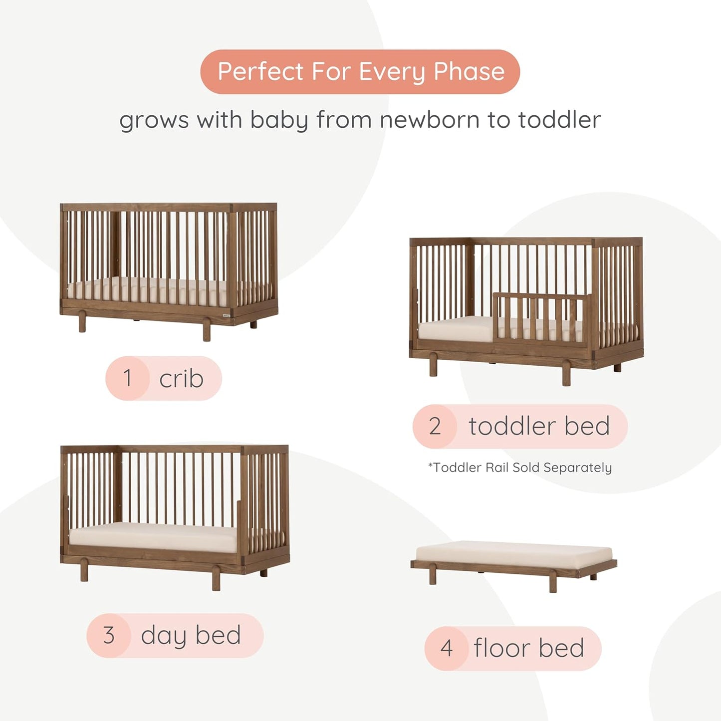 dadada Baby Bliss 4 in 1 Convertible Crib to Toddler Bed & Floor Bed – Made in Italy, GREENGUARD Gold Certified, Baby-Safe Finish, Sustainable Beech Wood, Modern Design, 4 Adjustable Heights (Walnut)