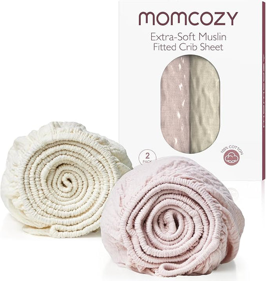 Momcozy Muslin Standard Fitted Crib Sheets, 52"x28", 2 Pack Soft Breathable Natural Cotton Baby Mattress Sheet, 360° Mattress Wrapping No Slip Boys Girls Neutral Toddler Bed Sheet, Beige Blush