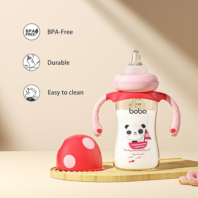 YOHKOH Natural PPSU Baby Bottle with Natural Response Nipple, Newborn Anti-Colic Baby Bottles with Handle, Wide Neck Mushroom Cap Baby Bottle (8.8oz (Pack of 4), Red)