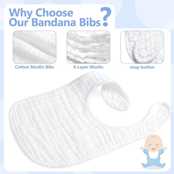Zhanmai 20 Pack Muslin Baby Bibs Adjustable White Drool Bandana Bibs 6 Absorbent Layers for Newborn Baby Girl Boy Feeding, Drooling and Teething, Machine Washable