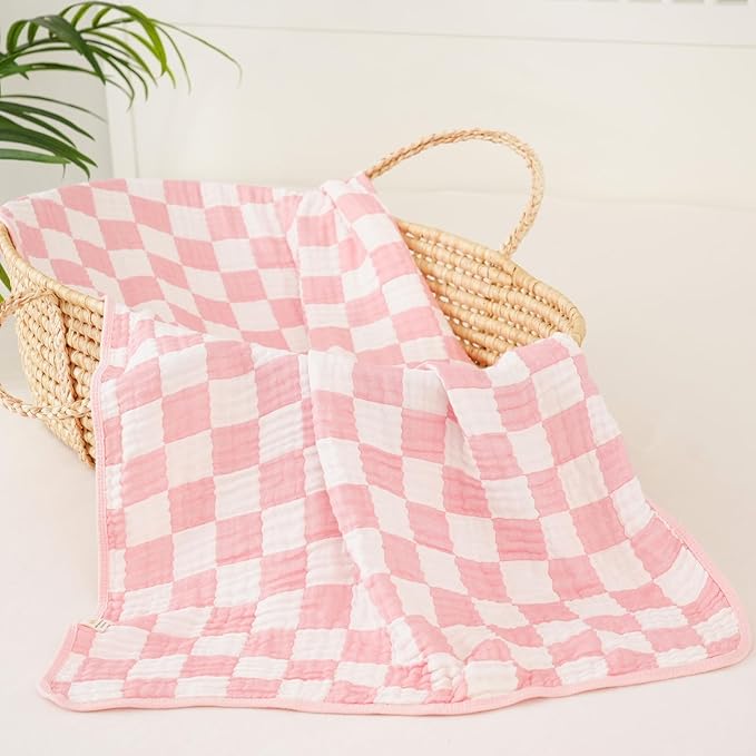 Ultra-Soft Muslin Baby Blanket - Swaddle & Crib for Girls, Pink Checkered (1-Pack)