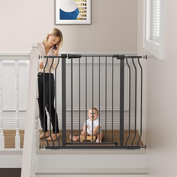 ELEVON Baby Gate for Stairs Doorways, Safety Pet Gate with Auto-Close/Hold-Open Features, Fits Openings 29.1” to 43.3”, 36” Tall, Easy Pressure Mounted Walk Through Baby Dog Gate, Graphite