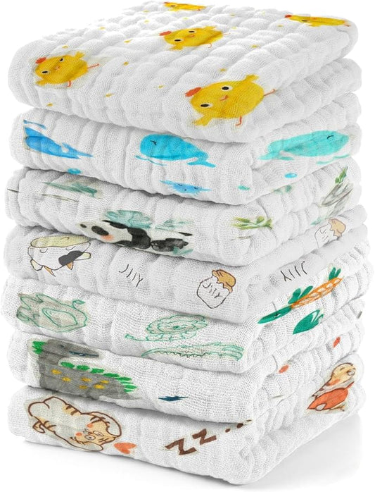 Muslin Baby Washcloths Baby Wipes Newborn Pack of 7-Animal Patten, Absorbent Baby Bath and Face Towels for Newborn,100% Cotton,Burp Cloths,Feeding Towels for Babies and Infants,Reusable-10x10