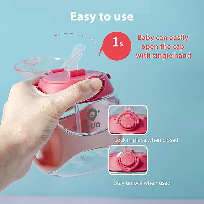 Baby Straw Water Bottle with Handles and Strap, Portable Travel Toddler Cup for School,11 Ounce(Pink)