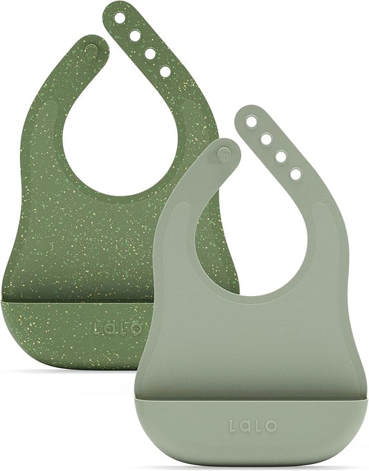 Lalo The Bib - Waterproof, Non-Toxic Silicone Baby Bib with Adjustable Neck Band & Silicone Food Pouch Catcher, Set of 2