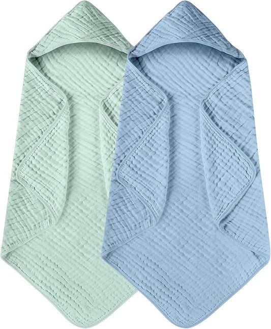 Yoofoss Hooded Baby Towels for Newborn 2 Pack 100% Muslin Organic Cotton Baby Bath Towel with Hood for Babies, Infant, Toddler and Kids, 32x32Inch, Soft and Absorbent Newborn Essential,Blue&Green
