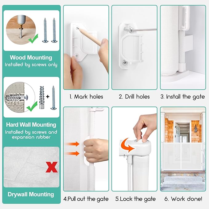 Upgrade 150 inch Retractable Baby Gates, EZIGO Extra Wide Baby Gate for Large Opening Extra Long Mesh Gate for Kids or Pet Dog Gate Child Safety Gate for Stairs Hallways Doorway Indoor Outdoor, White
