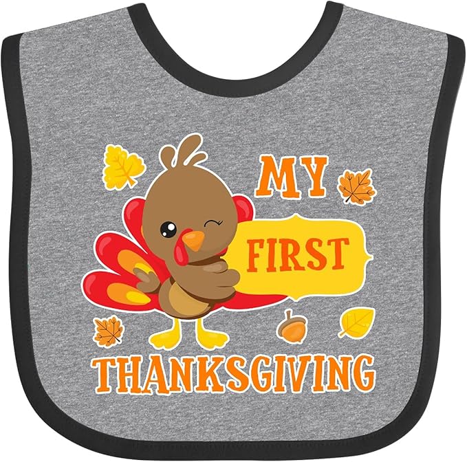 inktastic My First Thanksgiving with Turkey and Leaves Baby Bib
