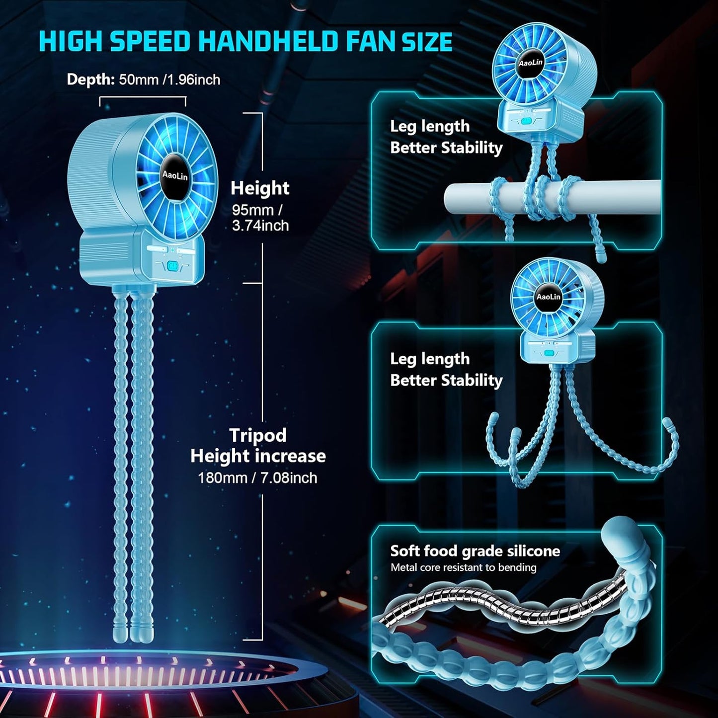 2 Pack Multifunctional Portable Stroller Fan 4 Speed 6600rpm High Speed Usb Rechargeable Personal Mini Handheld Fan Extended Tripod for Desktop Winding Kids Bed Treadmill Bike Golf Cart Outdoor Travel