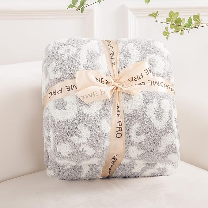 NEXHOME PRO Leopard Soft Blanket Twin Size, Fuzzy Throw Blanket for Couch Bed Sofa Picnic, Knit Blankets for Women Gifts Grey 60 x 80 inches