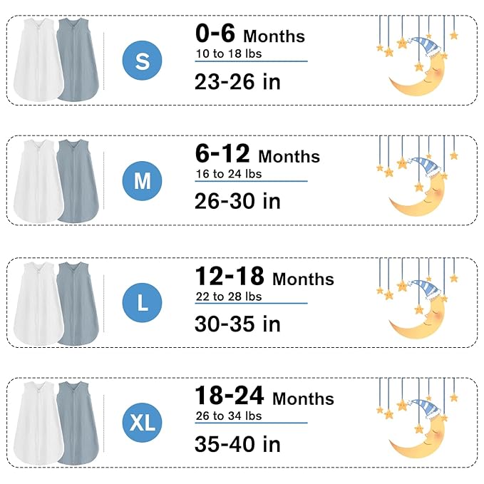 2 Pack Baby Sleep Sack 6-12 Months 100% Organic Cotton Muslin Baby Sleeping Bag 2-Way Zipper Toddler Wearable Blankets Comfy Stretchy Thin Sleep Sacks