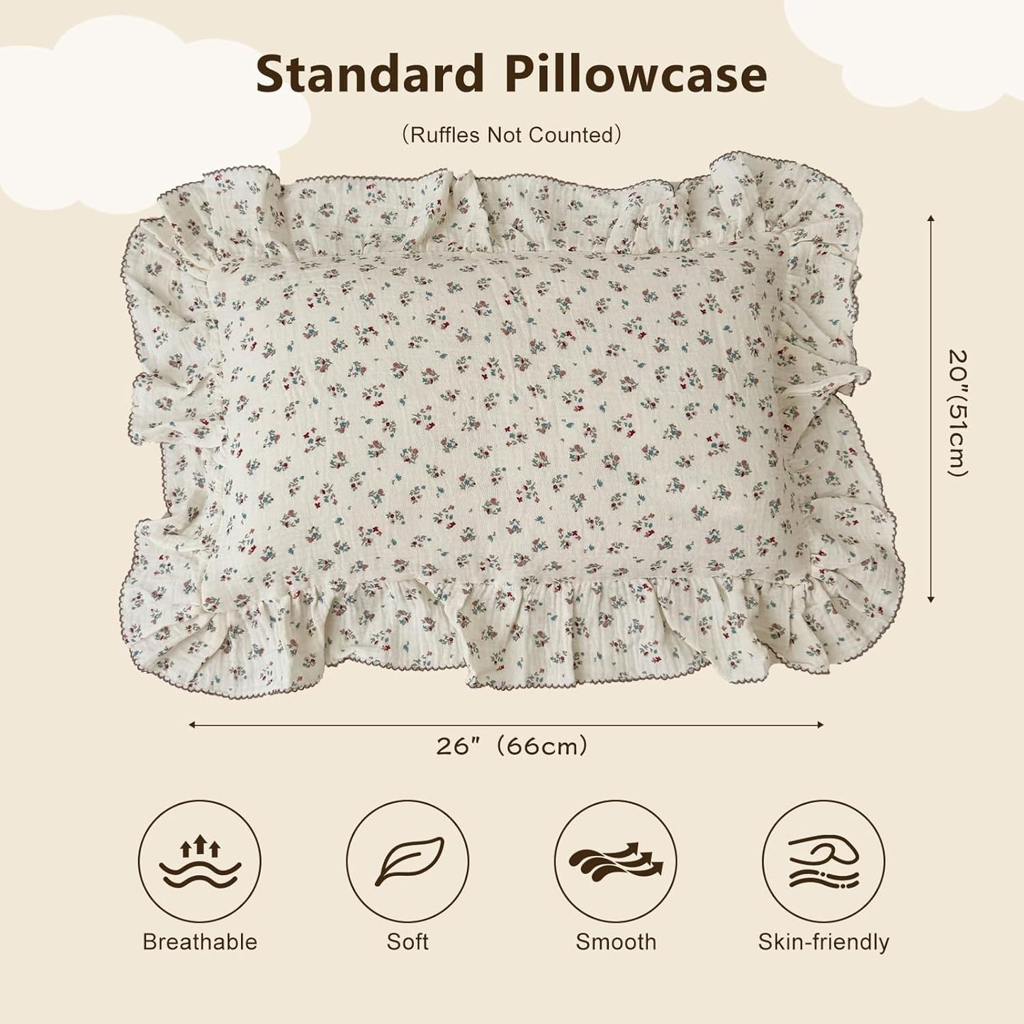 BuLuTu Girls Boys Kids Pillowcase Standard Size, Floral Pattern, 20"x26", 1 pc, Soft Breathable Muslin Cotton Toddler Bed Pillow Cases Kids Bedding Room Decor, Envelope Closure