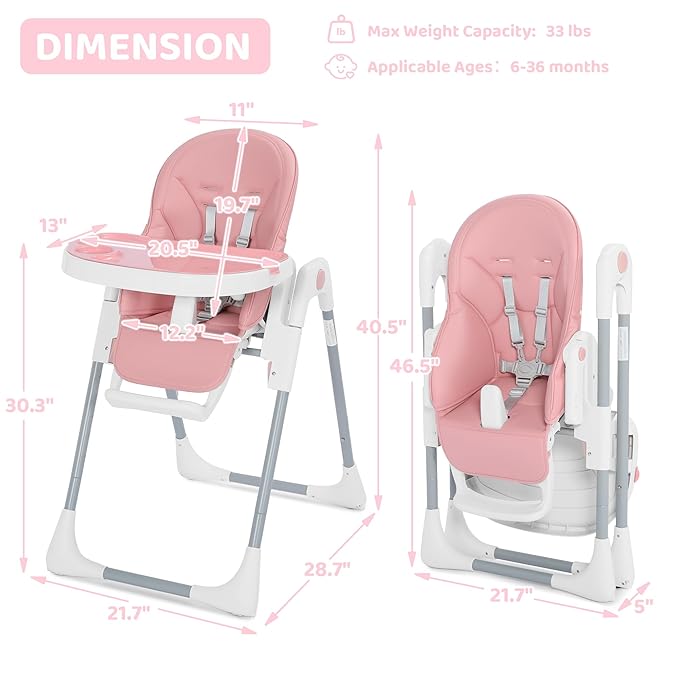 3 in 1 Foldable Baby High Chair, Infant High Chairs for Babies and Toddlers, 6 Height & 5 Recline Adjustable Toddler Feeding Chair, 2 Tray Depth & 3 Footrest Angles, 2 Built-in Wheels, Pink