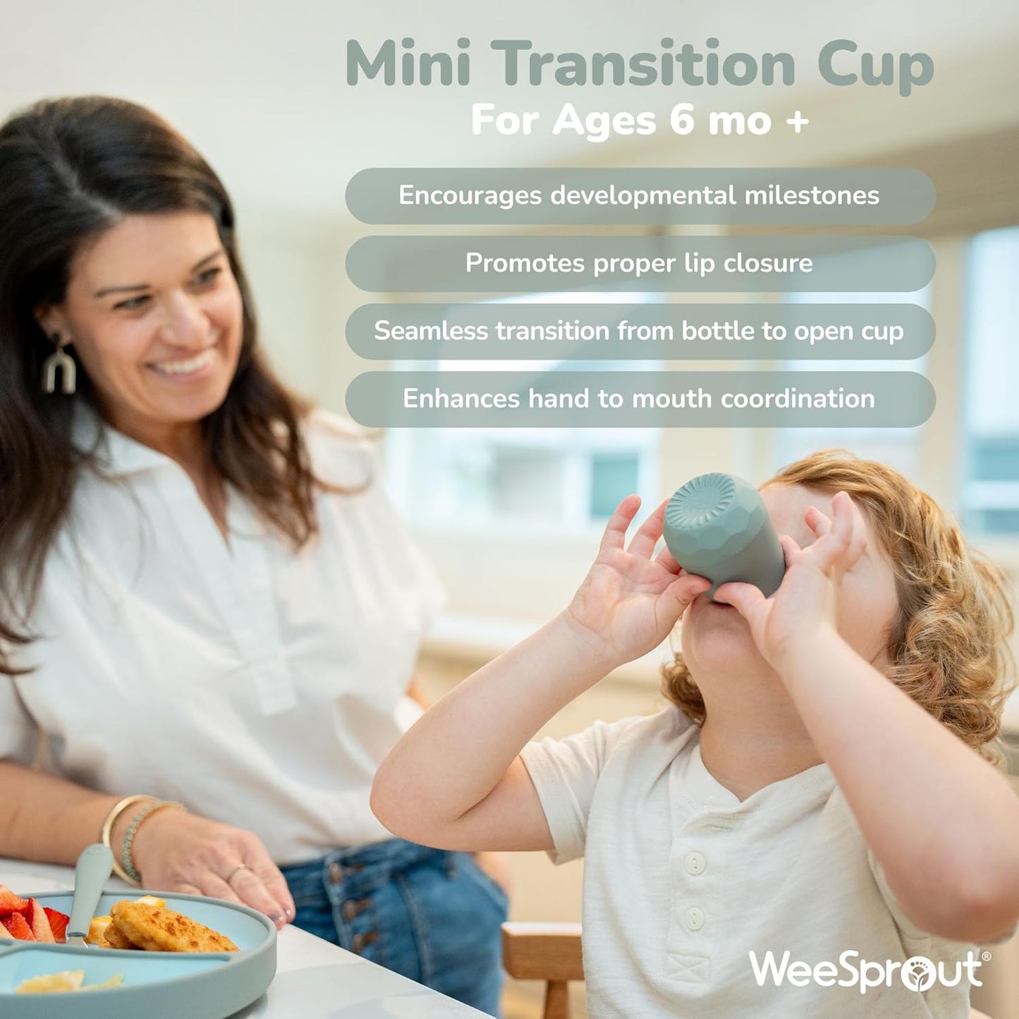 WeeSprout Silicone Baby Training Cups - Set of 2 Soft Silicone Cups - 2 oz Open Cup for Baby 6+ Months - Non-Slip Grip, Weighted Base - Gentle on Gums & Teeth (Pastel Purple & Pastel Mint)