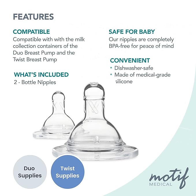 Motif Medical Replacement Slow Flow Nipples for Duo Baby Bottle - Dishwasher-Safe, Silicone Newborn Bottle Nipples - Baby Bottle Nipples for Comfortable Feeding (2 Nipples Included)