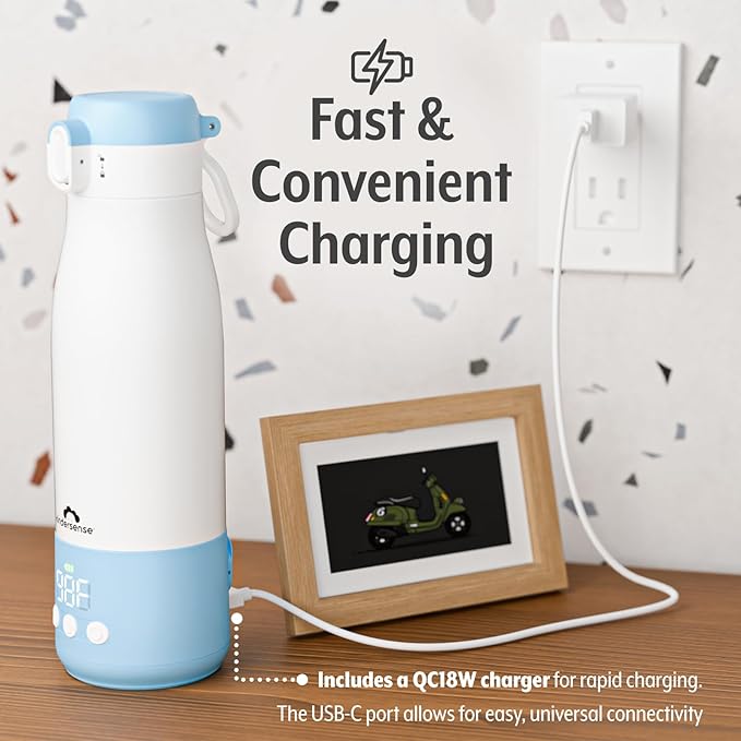 KinderSense® Portable Bottle Warmer for Travel - 12 Fl Oz Large Capacity 55W Power - Breastmilk, Water, Baby Formula- Fast Heating, Leakproof, LED Display + Preset Timer | 18W QC Charger