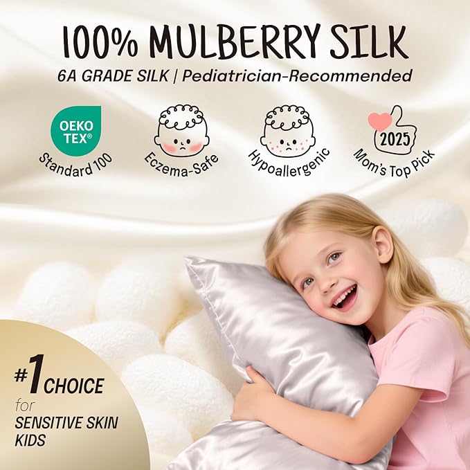 OLESILK 100% Mulberry Silk Toddler Pillowcase for Hair and Skin, Both Sides 19 Momme Pure Natural Silk Travel Pillow Cases with Hidden Zipper, 13"x 18", Silver Grey