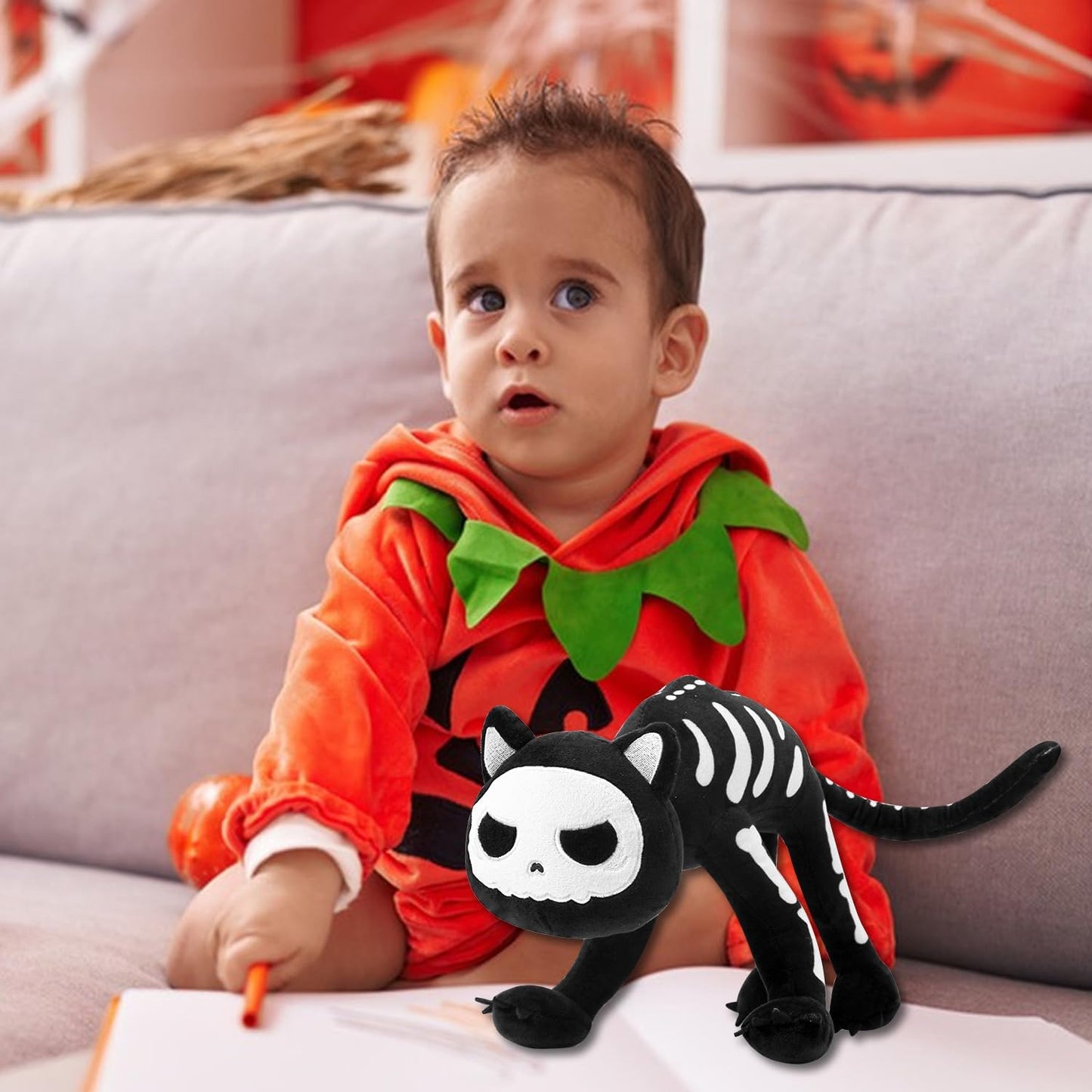 Halloween Black Cat Plush, Skeleton Stuffed Animal Pillow, Cute Plushie Doll Toy Gift for Fans, Boys and Girls Birthday Gifts