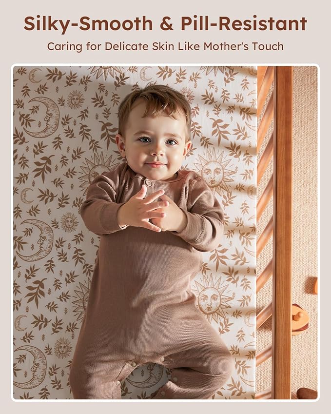 Baby Crib Sheets for Boys Girls, 28x52x8in Fitted Crib Sheet Neutral 3 Pack for Standard Crib and Toddler Mattress, Breathable Soft Microfiber Baby Sheet White Brown Sun God