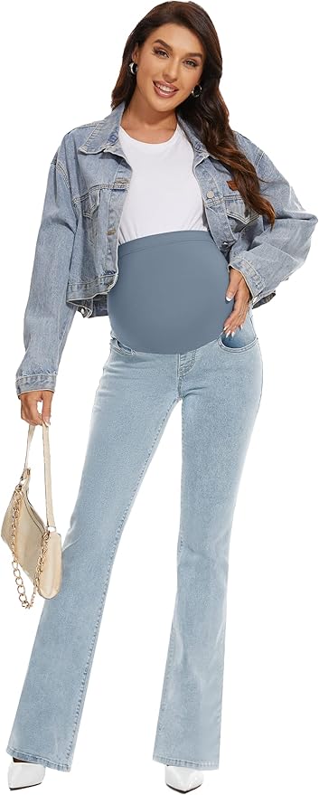 GLAMIX Women's Stretch Maternity Bootcut Jeans with Pockets Over The Belly Bell Bottoms Flare Denim Pants Pregnancy Clothes