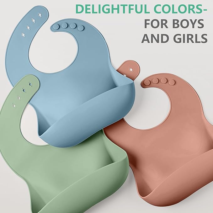 Cuddle Campus Set of 3 Silicone Bibs for Babies & Toddlers,Soft Adjustable Bibs with Pocket Food Catcher for Baby Girl,Boy