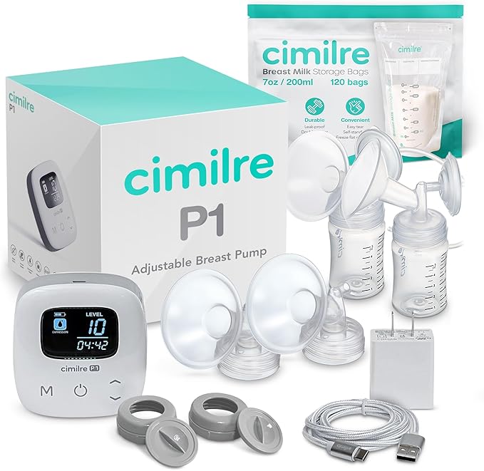 Cimilre P1 Portable Breast Pump & Breast Milk Storage Bags Bundle – Compact Double Electric Pump with 120 Leak-Proof 7oz Bags for On-The-Go Pumping and Storage