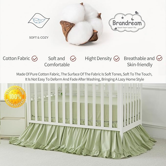 Brandream Farmhouse Crib Bedding Sets for Girls and Boys | 3 Piece Nursery Set Light Green Ruffles | Baby Comforter, Fitted Crib Sheet, Crib Skirt Included,100% Cotton Percale