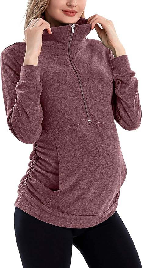 GINKANA Maternity Women's Long Sleeve Shirt Half Zipper Lapel Lightweight Casual Maternity Pullover with Pockets
