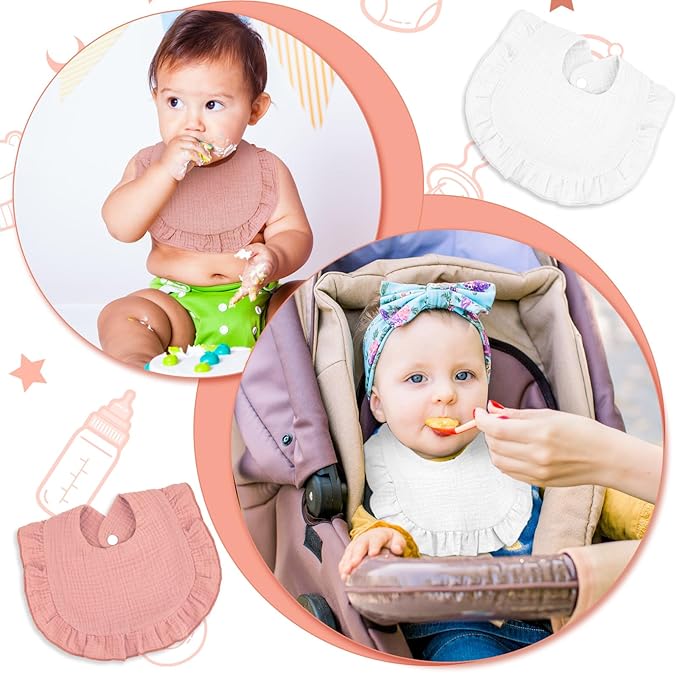 Seematn 10 Pcs Baby Muslin Bibs Drool Bibs Bandana Ruffle Soft Cotton for Newborn Baby Infants Girl Teething Toddlers Boy(Pink, White)