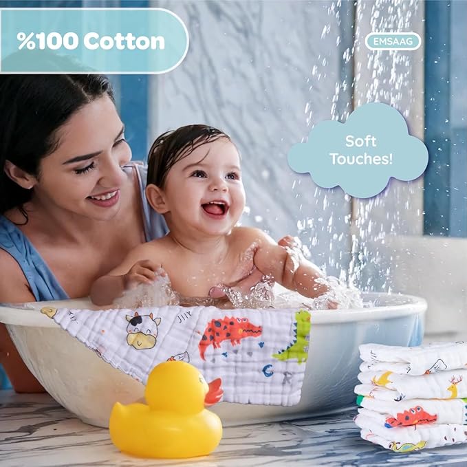 Muslin Baby Washcloths Pack of 7-Soft Sweat Cloths for Newborn,Absorbent Baby Bath and Face Towels,100% Cotton Baby Wipes,Burp Cloths,Feeding Towels for Babies and Infants,Mix Pattern-10 x 10’’