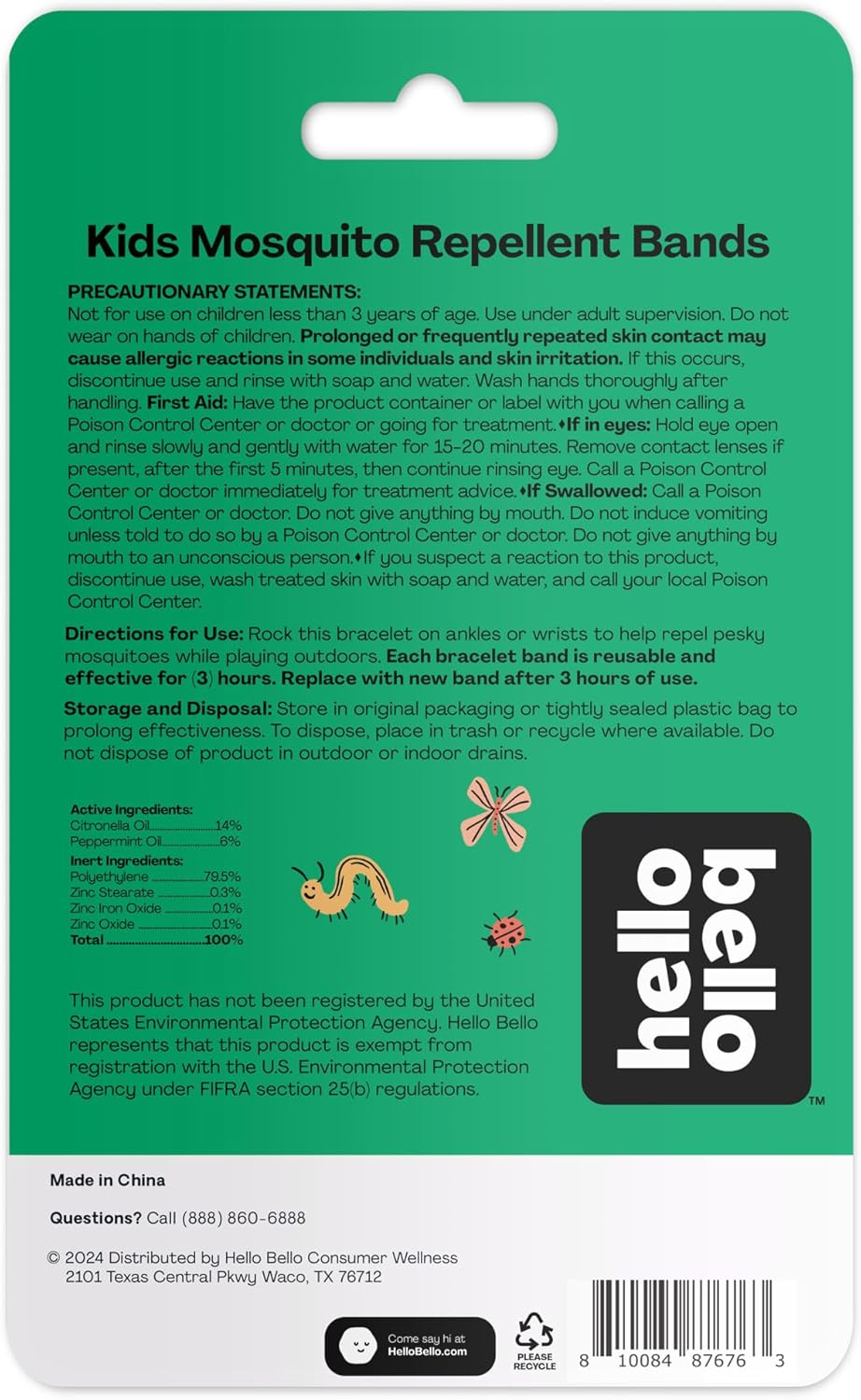 Hello Bello Kids Mosquito Repellent Bracelets, Made with Natural Citronella and Peppermint Oils, 5ct Bag